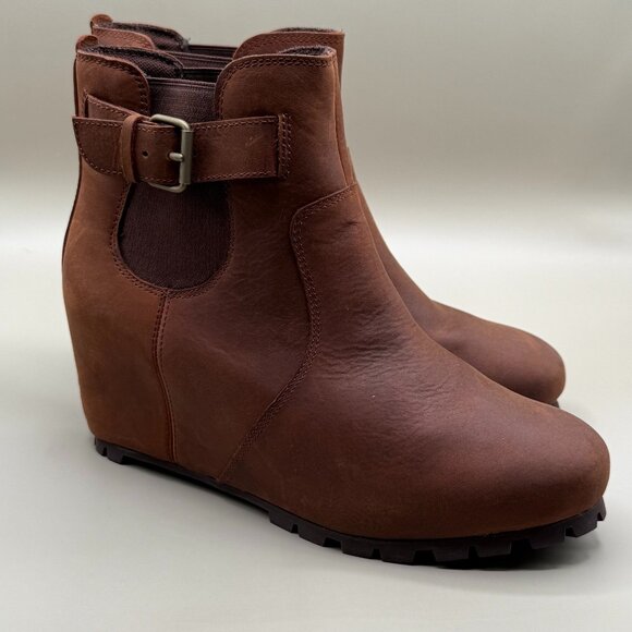 MERRELL BROWN LEATHER BOOTS SLIP ON HIDDEN WEDGE BUCKLES WOMENS SIZE 7.5 - Picture 1 of 15